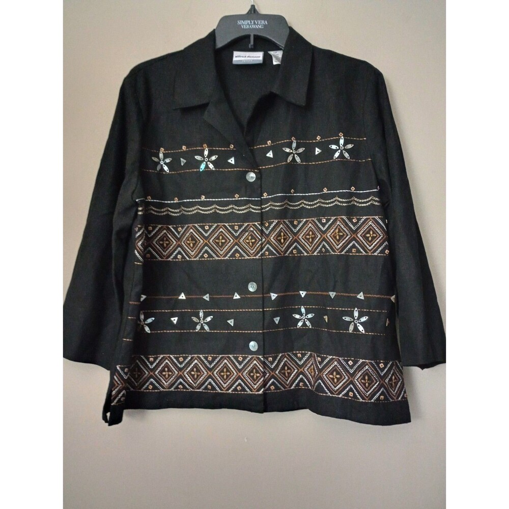 Alfred Dunner Black Beaded Embroidered Button Up Size 14 Petite